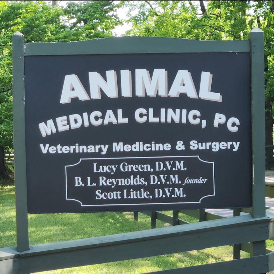 Animal Medical Clinic, PC sign listing Lucy Green, D.V.M., B. L. Reynolds, D.V.M. (founder), and Scott Little, D.V.M.
